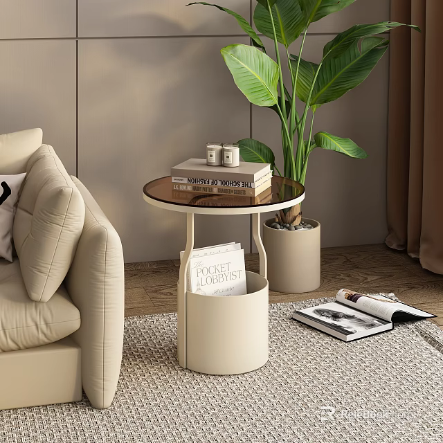 Modern Round Side Table with Books Mugs and Storage Basket Near Sofa and Green Plant 3d model 