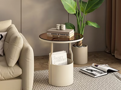 Modern Round Side Table with Books Mugs and Storage Basket Near Sofa and Green Plant 3d model