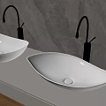 Two White Vessel Washbasins With Black Faucets On White Countertop And Marble Wall