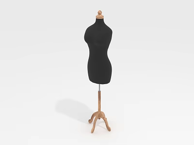 Black Dress Form With Wooden Tripod Stand And Round Wooden Head For 3d model