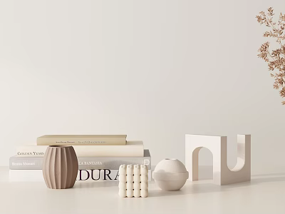 Minimalist White Beige Decorative Ornament Set With Vase Stacked Books And Geometric Sculptures 3d model