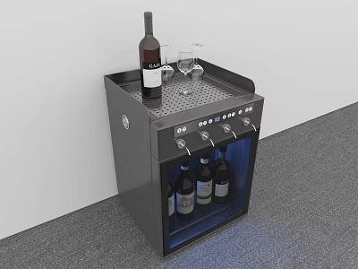 Black Compact Refrigerator With Countertop Wine Glasses And Glass Door Storage 3d model