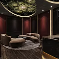 Elegant Modern Chinese Private Dining Room With Round Table Dark Chairs Wooden Walls And White Sofa