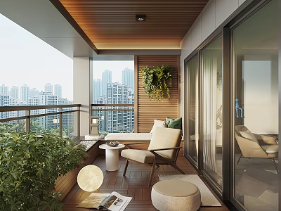 Cozy Home Balcony Interior With Wooden Ceiling Armchair Potted Plants And City View 3d model
