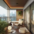 Cozy Home Balcony Interior With Wooden Ceiling Armchair Potted Plants And City View