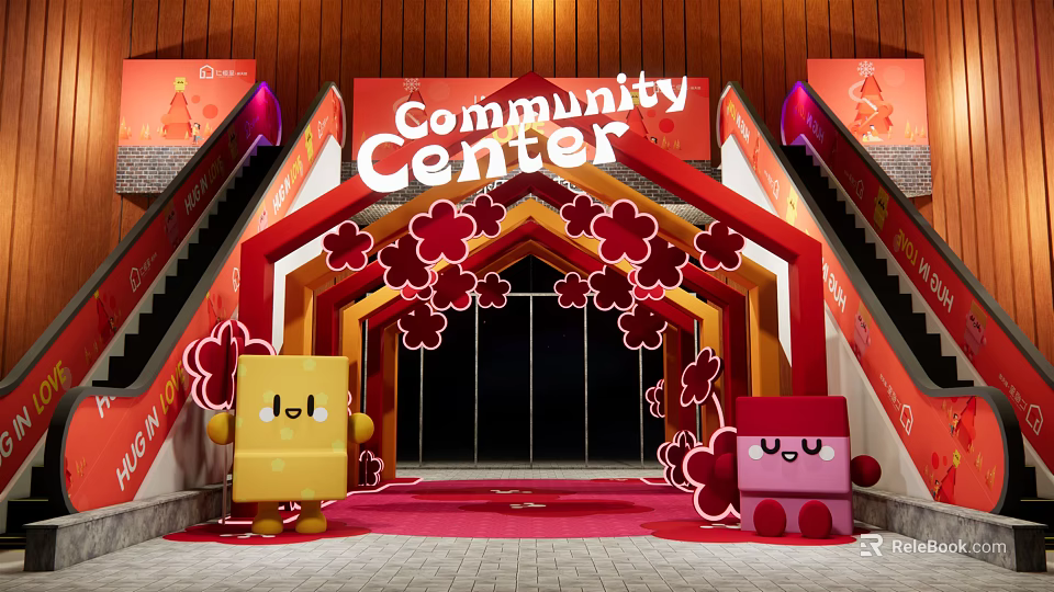 Community Center With Red Archway Flower Decorations Yellow Pink Cartoon Characters Red Carpet And Staircases 3d model 