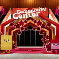Community Center With Red Archway Flower Decorations Yellow Pink Cartoon Characters Red Carpet And Staircases