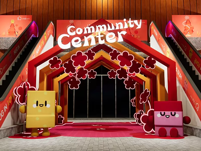 Community Center With Red Archway Flower Decorations Yellow Pink Cartoon Characters Red Carpet And Staircases 3d model