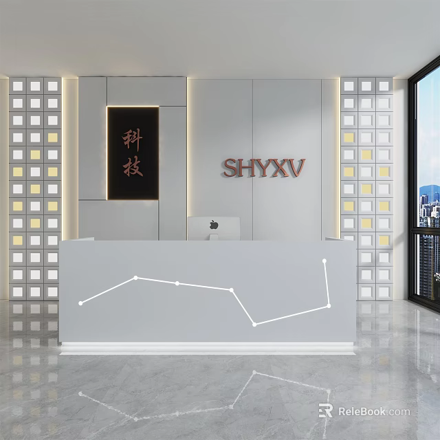 Modern Reception Desk With White Surface Geometric Lines And Illuminated Backdrop 3d model