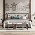 Double Bed with Decorative Pillows Bench and Nightstands by Traditional Architecture Wall Mural