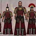 Game Movie Characters in Red Armor Standing With Two White Horses Against Golden Lion Background