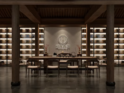 Traditional Teahouse Interior With Wooden Pillars Bookshelves Long Table And Chairs 3d model