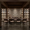 Traditional Teahouse Interior With Wooden Pillars Bookshelves Long Table And Chairs