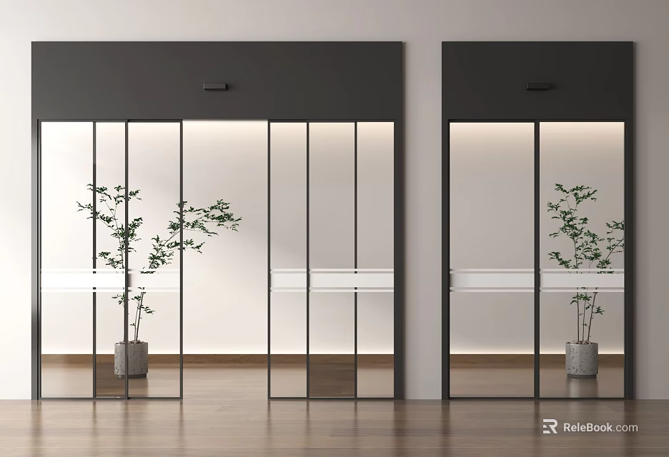 Modern Sliding Glass Door Interior with Black Frame Green Plant Wooden Floor And Light Wall 3d model 