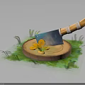 Kitchen Knife with Orange Handle on Wooden Cutting Board and Lemon Slices with Green Grass