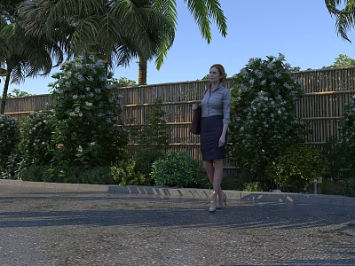 Lush Flowering Bushes With White Blooms Near Bamboo Fence And Palm Trees Under Blue Sky 3d model