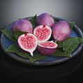 Fresh Figs on Dark Plate Sliced and Whole with Green Leaves Red Flesh Seeds