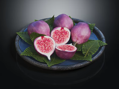 Fresh Figs on Dark Plate Sliced and Whole with Green Leaves Red Flesh Seeds 3d model