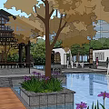 Residential Landscape With Wooden Structure Circular Archway Green Plants And Water Feature