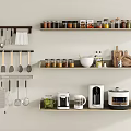 Dinnerware Set Displayed On Kitchen Shelves With Various Cooking Utensils And Appliances