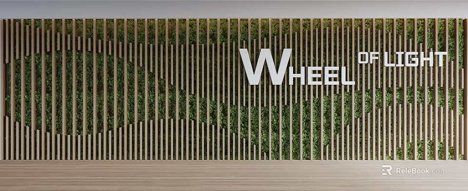 Natural Green Plant Background Wall With Wooden Stripes And Brand Logo WHEEL 3d model 