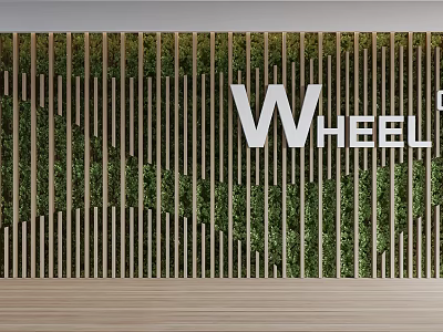 Natural Green Plant Background Wall With Wooden Stripes And Brand Logo WHEEL 3d model