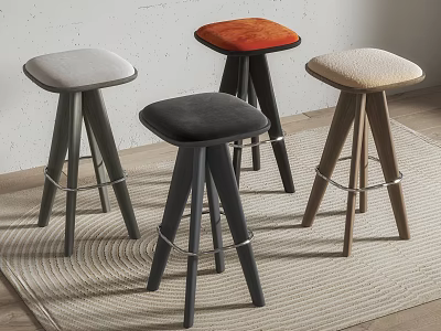 Modern Bar Stools With Various Colored Upholstered Seats And Wooden Legs 3d model