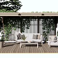 Garden Pergola With Climbing Greenery Wooden Deck Sofa And Coffee Table