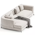 Modern Beige Linen Sectional Sofa With Plaid Blanket And Soft Cushions