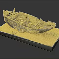Weathered Wooden Boat Model Displayed On Sand Base With Small Green Plants