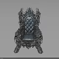 Ornate Metallic Throne Chair With Intricate Carvings And Tufted Upholstery
