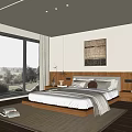 Modern Bedroom Interior With Wooden Bed Large Window Decorative Painting And Rug