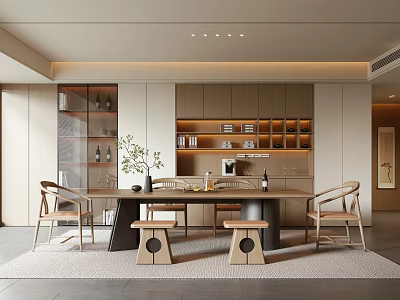 Elegant Modern Restaurant Open Concept Wooden Dining Table Rattan Chairs Bookshelf Green Plants Warm Lighting 3d model