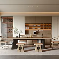 Elegant Modern Restaurant Open Concept Wooden Dining Table Rattan Chairs Bookshelf Green Plants Warm Lighting