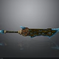 Decorative Fantasy Sword With Blue Blade Ornate Hilt And Intricate Mythical Patterns