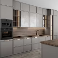 Modern Gray Kitchen Cabinets With Wooden Countertop And Central Island