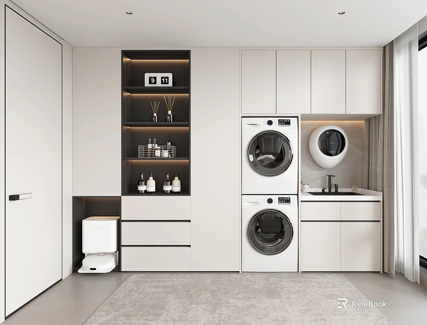 Modern Laundry Room With Stackable Washing Machine Dryer Storage Cabinets And Sink 3d model