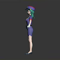Anime Style Cartoon Character With Green Hair Blue Uniform Hat And Badge