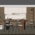 Middle Ancient Restaurant Vintage Cream Style Dining Table and Chair Restaurant Log Color Wine Cabinet 3d model