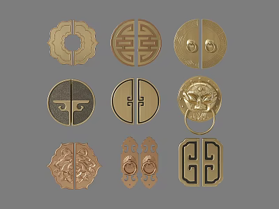 Chinese Traditional Decorative Door Handles With Various Antique Patterns And Golden Finish 3d model