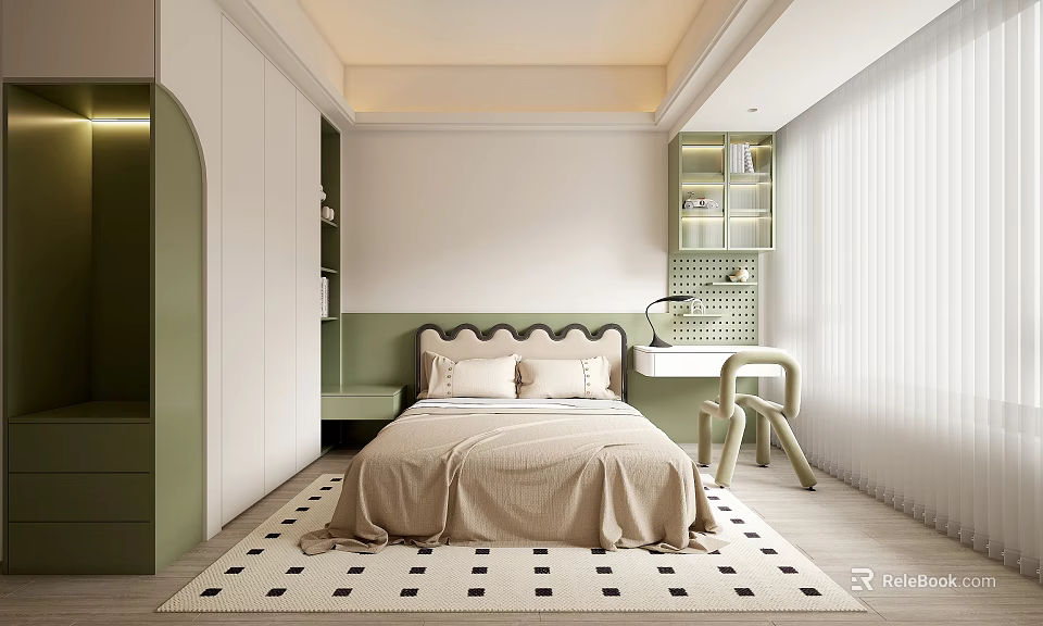 Modern Kids Room Interior Design With Green Cabinets White Walls Beige Bedding And Checkered Rug 3d model 