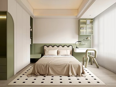 Modern Kids Room Interior Design With Green Cabinets White Walls Beige Bedding And Checkered Rug 3d model