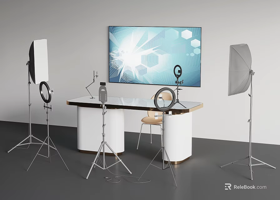 Modern Television Studio Setup With Professional Lighting Tripods Table And Chair 3d model