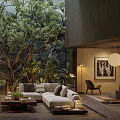 Indoor Garden Landscape Design With Large Tree Green Plants And Comfortable Sofa Set