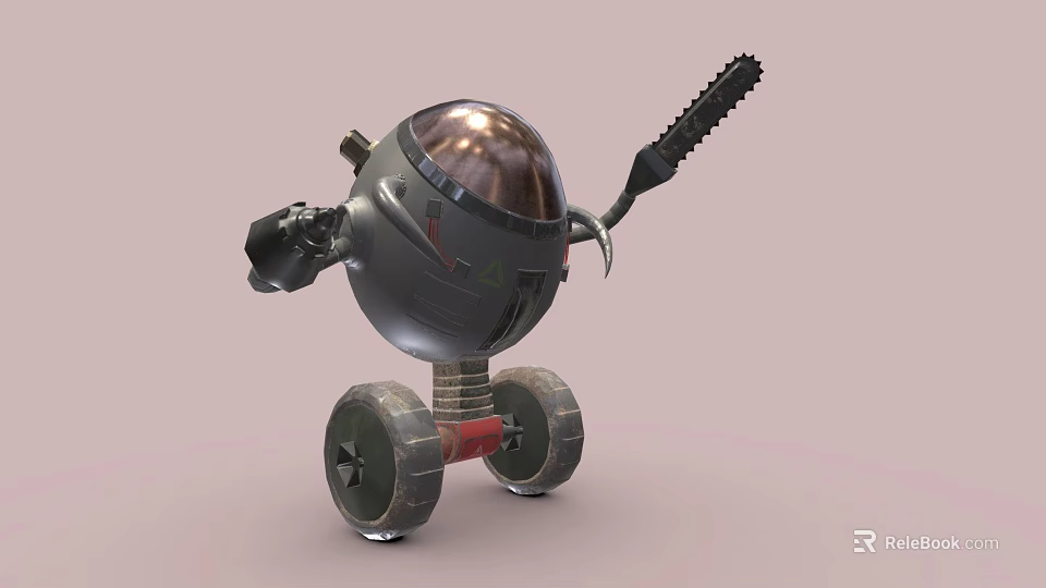 Metallic Mechanical Robot Character With Sphere Body Chainsaw Arm And Spring Wheels 3d model 