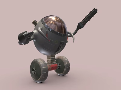 Metallic Mechanical Robot Character With Sphere Body Chainsaw Arm And Spring Wheels 3d model