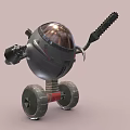 Metallic Mechanical Robot Character With Sphere Body Chainsaw Arm And Spring Wheels 3d model