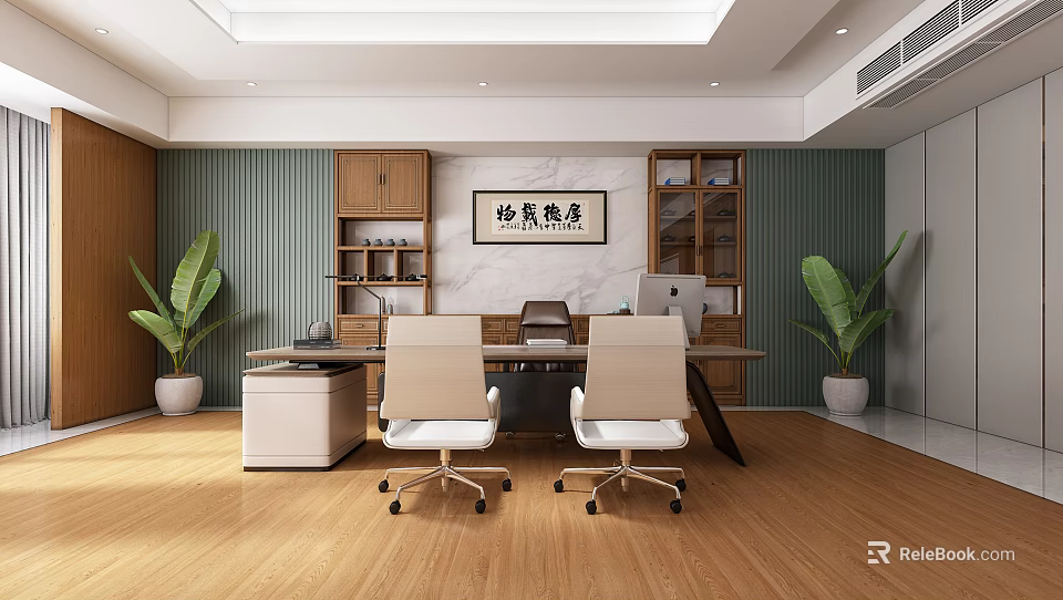 Elegant Office Interior Featuring Wooden Shelves Green Walls Two Office Chairs Desk And Plants 3d model 