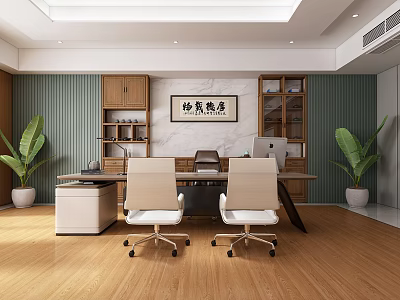 Elegant Office Interior Featuring Wooden Shelves Green Walls Two Office Chairs Desk And Plants 3d model