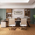 Elegant Office Interior Featuring Wooden Shelves Green Walls Two Office Chairs Desk And Plants